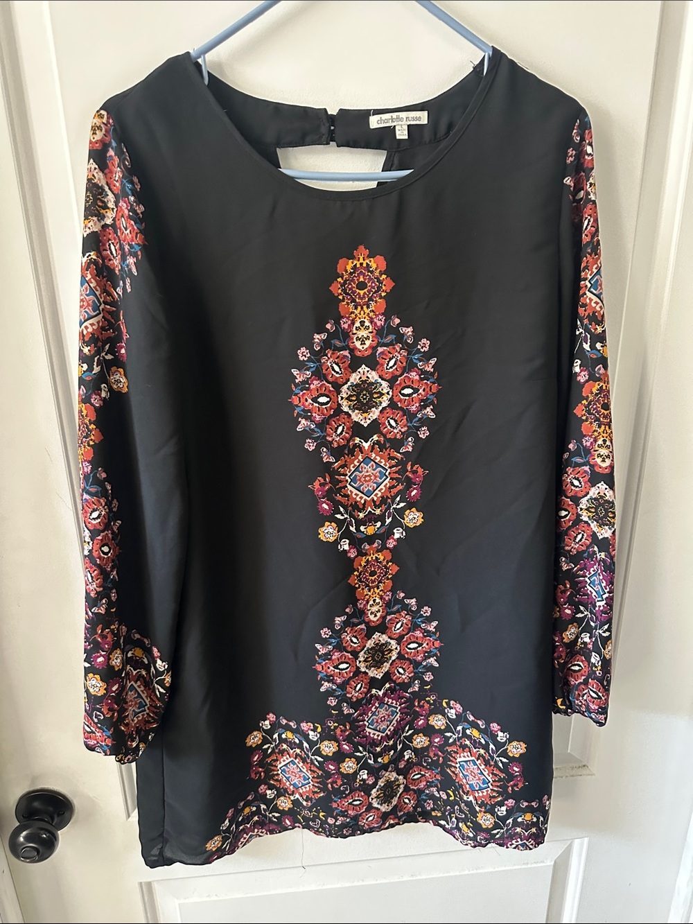 Charlotte Russe Black Long-Sleeve Dress with Multicolor Embroidered Motifs